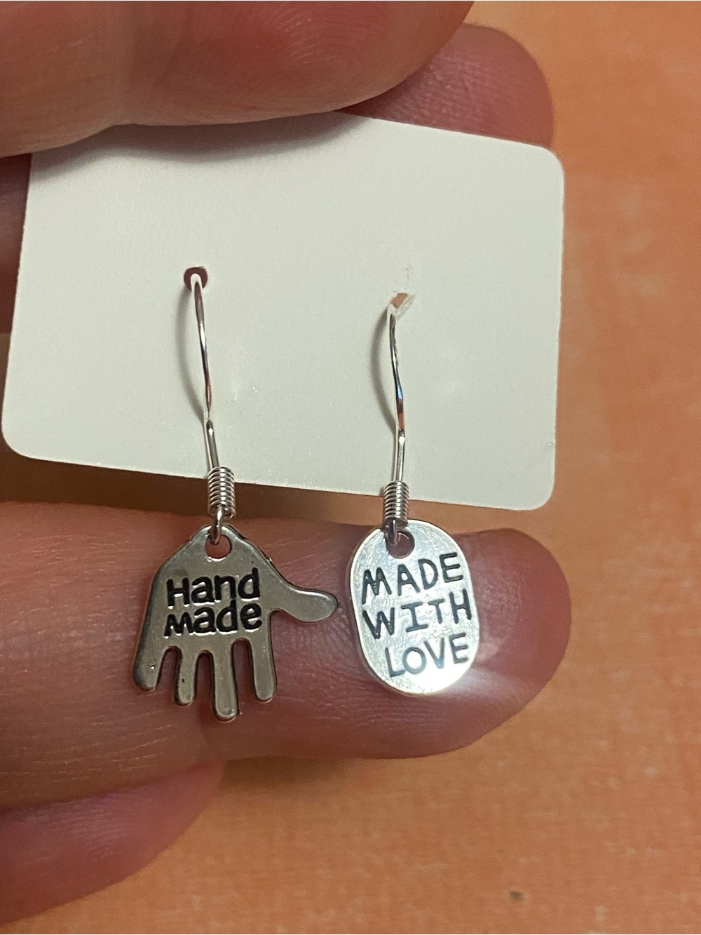 Handmade 'Made With Love' and Hand Charm Silver Drop Earrings